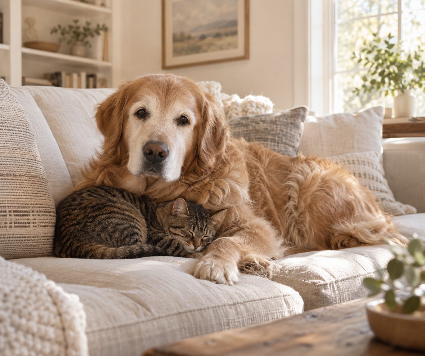 A senior golden retriever resting on a linen sofa beside a sleeping tabby cat