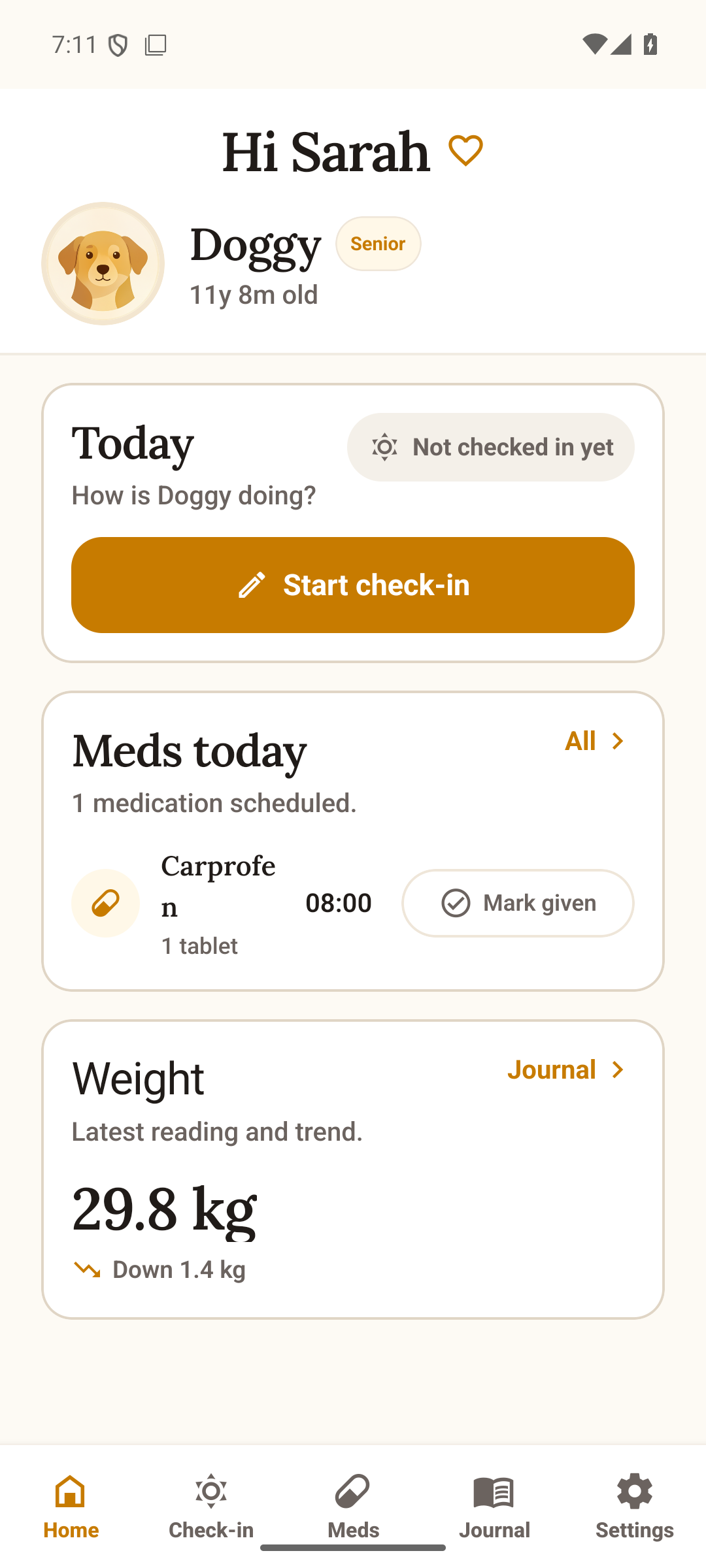 Golden Days home screen with today's check-in